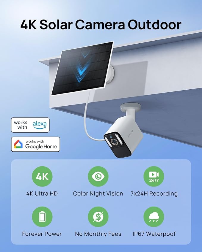 Anona Aurora 4K Solar Security Cameras Wireless Outdoor, Forever Power with Solar Panel, 8MP Color Night Vision, 24/7 AOV Recording, No Monthly Fees, AI Detection, Easy Setup, 2.4 G WiFi, IP67, 4 Pack