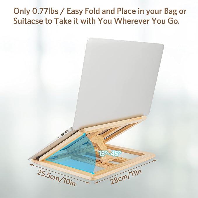 Wooden Laptop Stand for Desk with Free Phone Holder, Foldable and Adjustable Ergonomic Laptop Riser for 10-15.6 Inch Notebooks, Portable MacBook Stand (Natural Wood, Universal Fit)