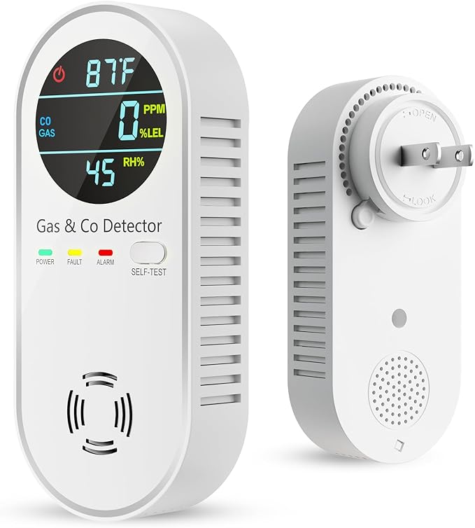 Carbon Monoxide Detectors & Natural Gas Detector, 4-in-1 Carbon Monoxide Detectors Plug in, Gas Leak Detector with Dual Alarms, Temperature & Humidity Sensor for Home, RV Essentials, White, 1 Pack
