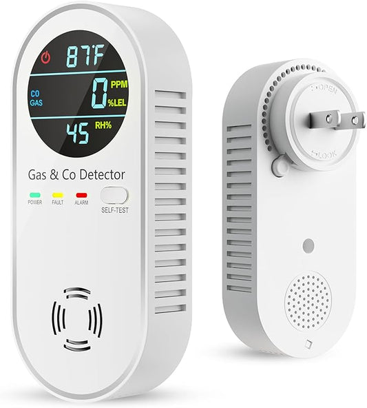 Carbon Monoxide Detectors & Natural Gas Detector, 4-in-1 Carbon Monoxide Detectors Plug in, Gas Leak Detector with Dual Alarms, Temperature & Humidity Sensor for Home, RV Essentials, White, 1 Pack