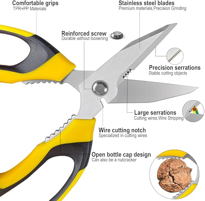 Scissors Heavy Duty 8'', Carpet Scissors, Multipurpose Scissors with Protective Cover, Stainless Steel Serrated Blades, Easy Cutting Cardboard, Leather, Fabric, Wires, Nutcracker, Yellow