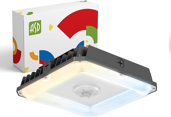 ASD LED Canopy Light 100/70/60W with Q-Base – 3000/4000/5000K 14448Lm 10"x10" 120-277V IP65 Dimmable 0-10V UL & DLC Listed (Optional Motion Sensor-Extra Purchase)
