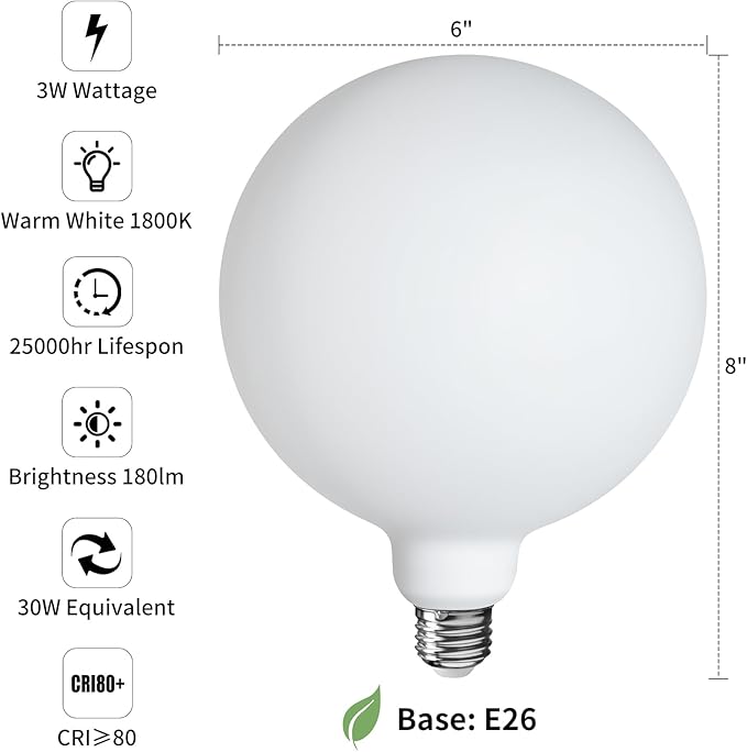 ONEWISH G150 Globe LED Bulb Matte White, E26 Glass LED Filament Light Bulb, Warm Sunset Decorative Design for Kitchen Island, Café, Ceiling Hanging Light Fixture, Modern Home Improvement-φ150mm(6")