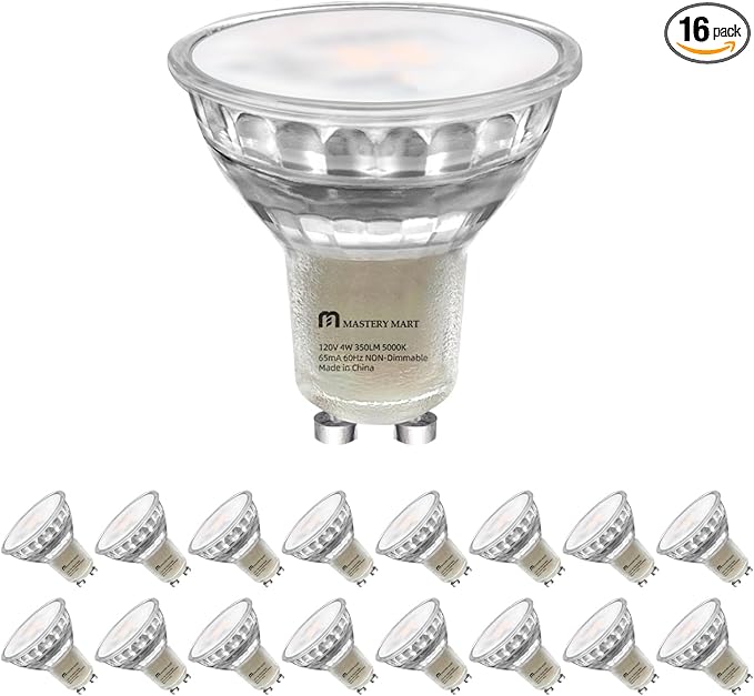 MASTERY MART 16 Pack Non-Dimmable GU10 LED Light Bulbs, 4W Bright 5000K Daylight White 35W Halogen Equivalent, 350lm Energy Saver for Track Lighting Fixture, Kitchen, Basement, 25000 Hours Lifespan