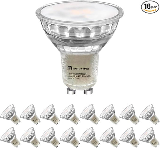 MASTERY MART 16 Pack Non-Dimmable GU10 LED Light Bulbs, 4W Bright 5000K Daylight White 35W Halogen Equivalent, 350lm Energy Saver for Track Lighting Fixture, Kitchen, Basement, 25000 Hours Lifespan