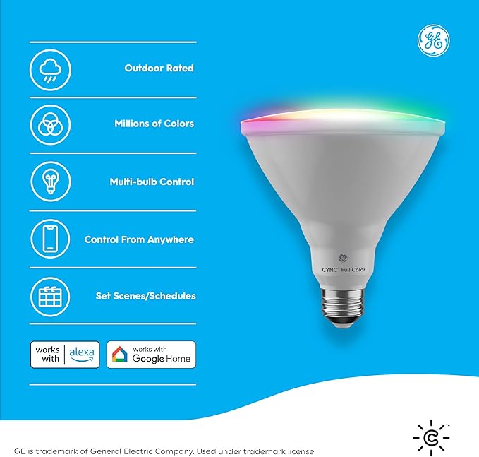 GE CYNC Smart LED Light Bulbs, Color Changing Lights, Bluetooth and Wi-Fi Lights,Compatible with Alexa and Google Home, PAR38 Outdoor Floodlight Bulbs (4 Pack)