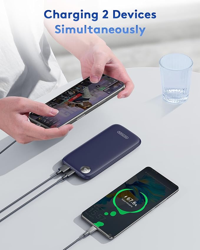 Powerbank Fast Charging Max 12V/4.5A, Ultra Slim Portable Charger USB C 10000mah, Travel Power Bank for iPhone 11 12 13 14 15 16 Samsung Android, DC Lightweight Battery Pack Phone Charger, Blue