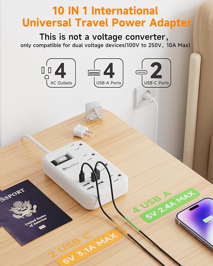 European Travel Plug Adapter, US to Europe Travel Power Strip with 6 USB(2 USB C) 4 Outlets, International Universal Travel Power Adapter with 3ft Extension Cord for EU UK France Italy Germany Cruise