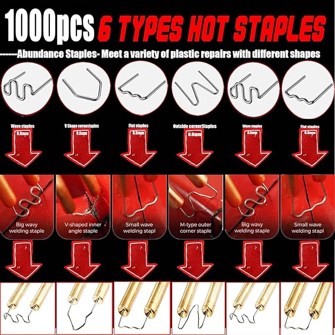 Plastic Welder,2 in 1 Plastic Welding Repair Kit with 1000pcs Hot Staples,2pcs Plastics Welding Rods,knife,Plier, Hot Staples Weld Gun Repair Kit for Car Bumper And Most Plastics(Red)
