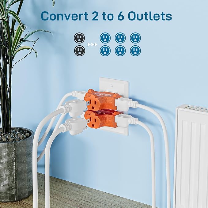 K KASONIC - 3-Outlet Grounding Adapter, [UL Listed] Plug Extender, Heavy-Duty Grounded Power Tap - 3 Pack (Orange)