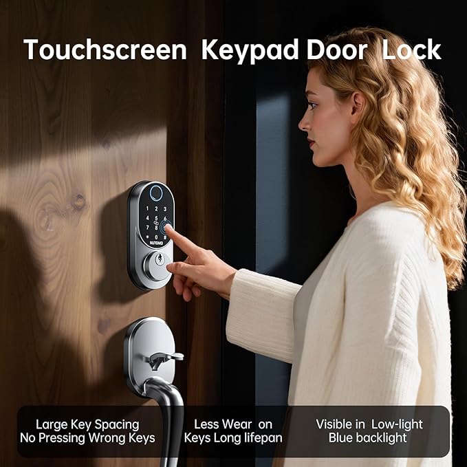 Keyless Entry Door Lock with Handle: NUTOMO Silver Fingerprint Door Lock Set,Smart Front Door Handle,Electronic Keypad Deadbolt for Front Door，Easy Installation Code Auto Lock for Home