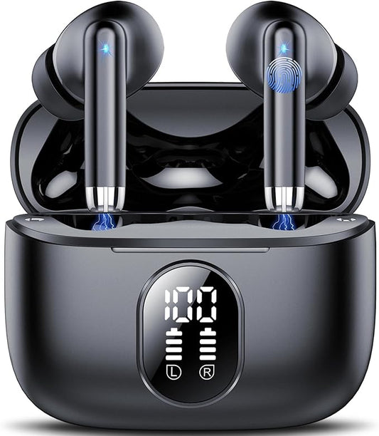 Wireless Earbuds, 2025 New Bluetooth 5.4 Headphones HiFi Stereo with 4 ENC Mic, 40H Mini Ear Buds In-Ear Noise Cancelling Earbuds with LED Screen, Ultra Light Bluetooth Earphones Black for Android iOS