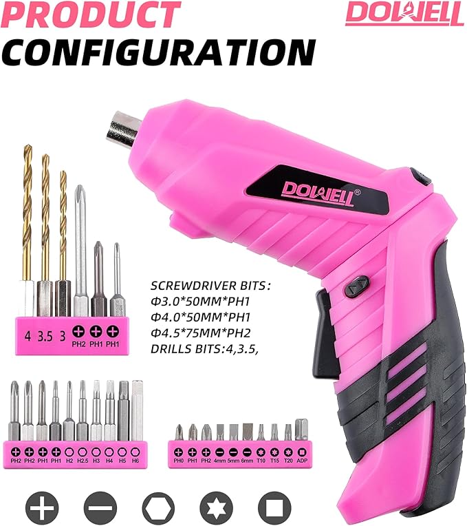 DOWELL Power Electric Cordless Screwdriver Set Rechargeable 3.6V Power Screwdriver Kit Tools for Women with 27pcs Accessories Pink