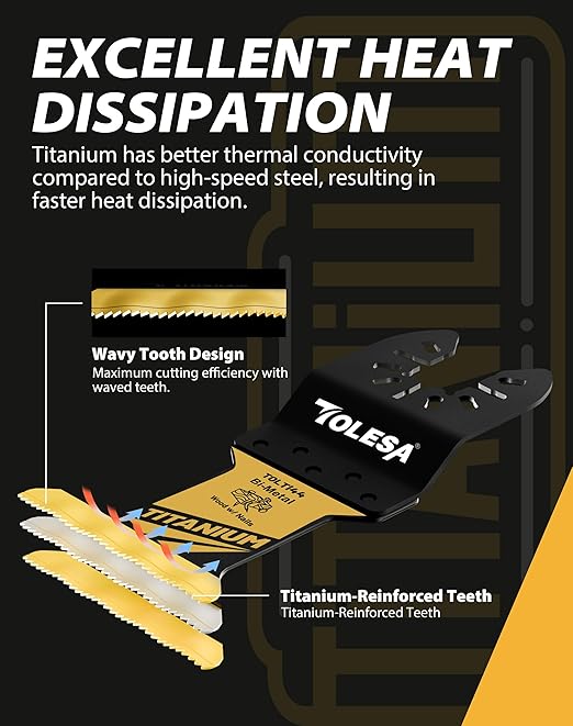 TOLESA 16pcs Extra-Long Titanium Oscillating Tool Blades, Oscillating Saw Blades for Metal, Oscillating Tool Blade Metal, Multi Tool Blades for Wood with Nails, Screws, Plastic Cutting