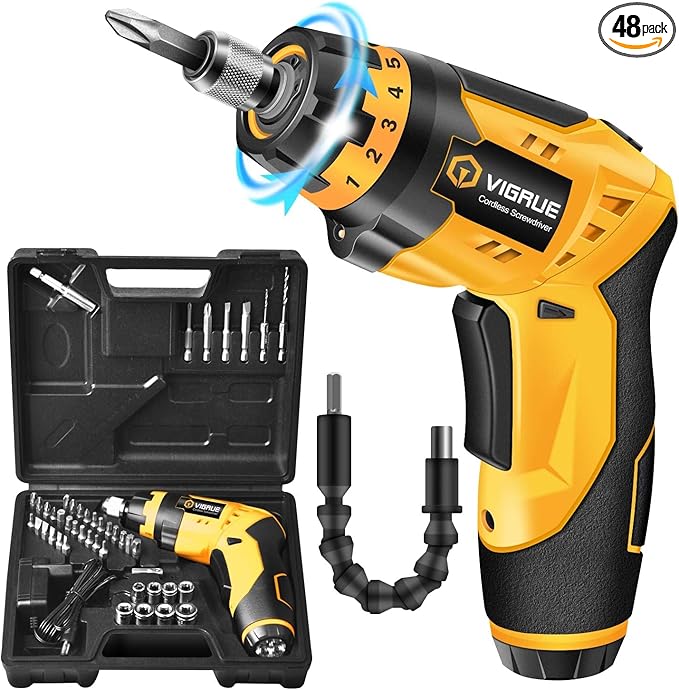VIGRUE Cordless Screwdriver Set, Rechargeable Electric Screwdriver with 45 Free Accessories, Battery Indicator, 7 Torque Setting, 2 Position Handle with LED Light, Flexible Shaft