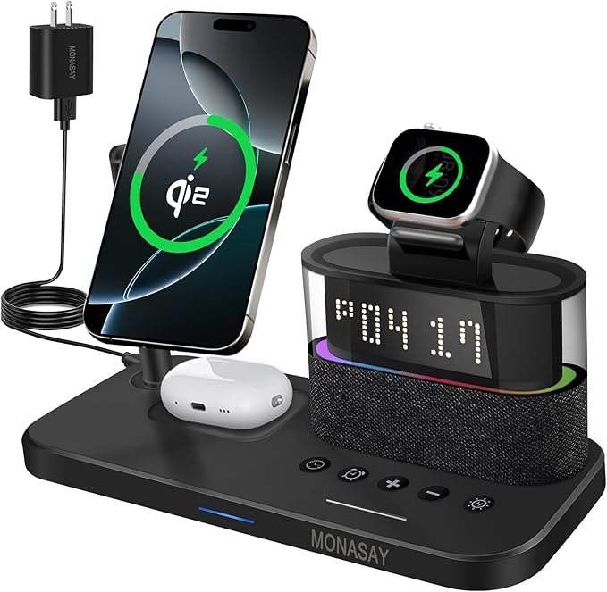 MONASAY Qi2 5 in 1 Wireless Charging Station, 23W Wireless Charger with Alarm Clock for Multiple Devices, Magnetic Charger Stand for iPhone 16/15/14/13/12 Series and AirPods, Apple Watch Series, Black