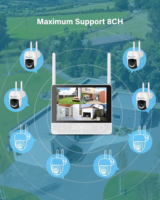 Jennov 5MP Wireless Security Camera System with Monitor – 8CH NVR Kit with 4 Outlet-Powered Cameras, 1TB HDD, Night Vision, Motion Detection, IP66, No Subscription, Home Surveillance Indoor/Outdoor