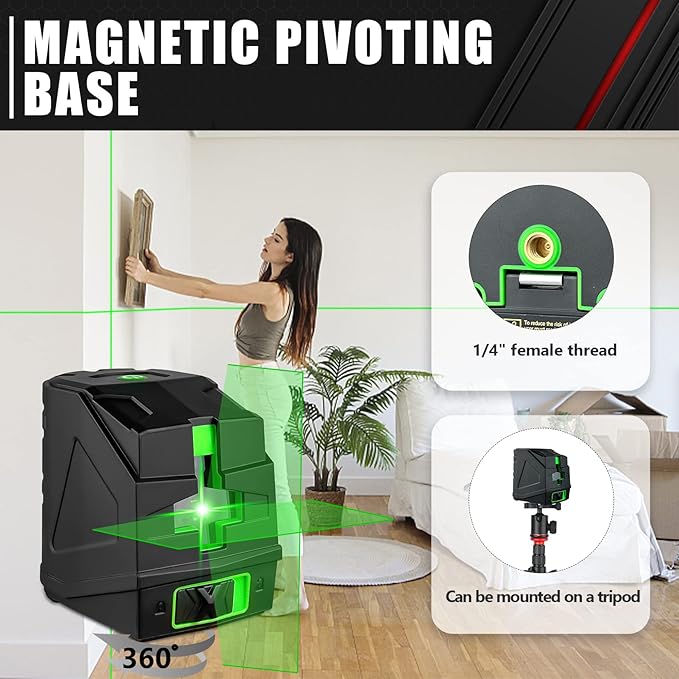 Laser Level,100ft/30m Self-Leveling Laser Level,Green Cross Line Laser,Vertical and horizontal lines,3 Brightness Adjustment,Rotates 360 Degrees,Includes a Carrying Pouch and Battery IP54 Waterproof