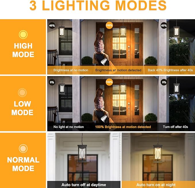 Motion Outdoor Pendant Light Fixtures Dusk to Dawn Exterior Ceiling Hanging Lantern for Porch, Modern Black Outside Chandelier Light with Crack Glass for Front Door Porch Gazebo Foyer Entryway