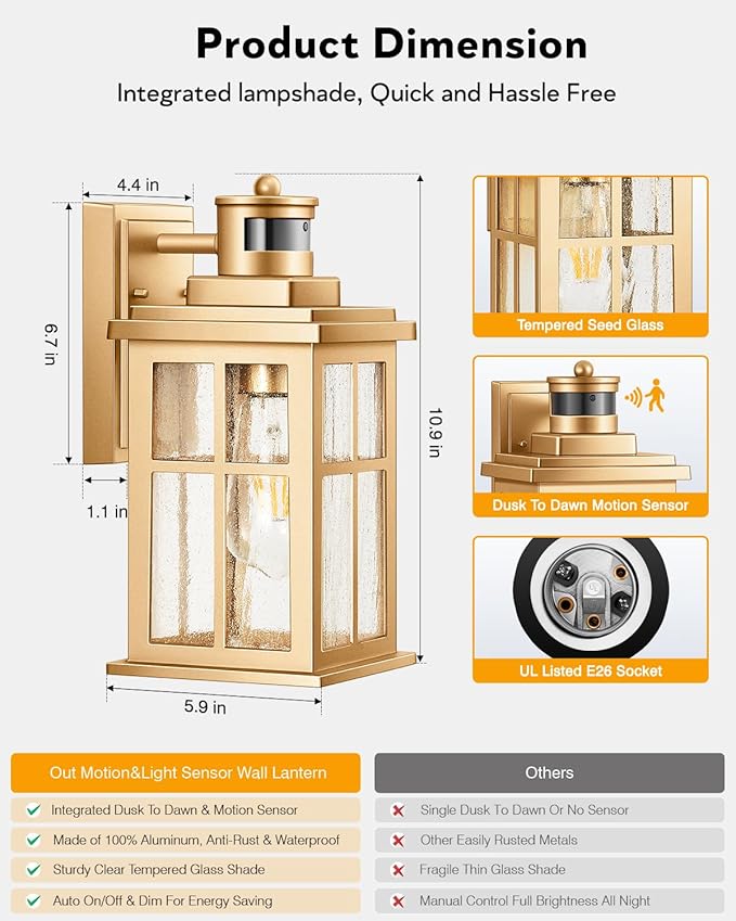 VIANIS Motion Sensor Porch Lights Outdoor, Gold Dusk To Dawn Outside Light Fixtures for House, Modern Exterior Garage Lights Wall Mount Sconce for Front Door Patio with Tempered Seeded Glass Anti-Rust