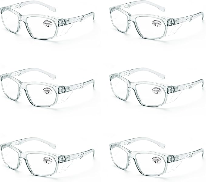 ProtectX Stylish Anti-Fog & Scratch-Resistant Safety Glasses With Readers, UV Protection Goggles, Anti-Impact Lightweight Glasses for Men＆Women Charcoal Reading 2.0-6 Pack