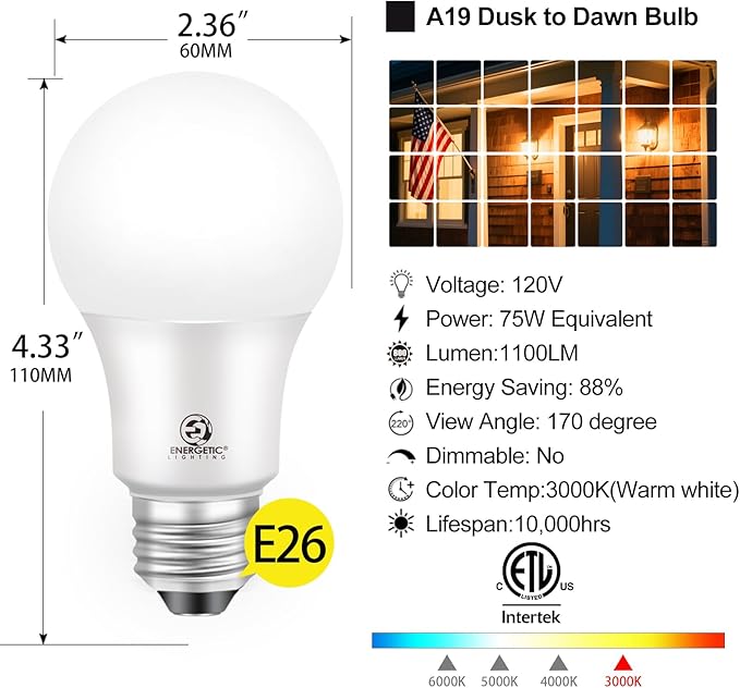 Dusk to Dawn LED Outdoor Light Bulb, 75 Watt Equivalent, 9W 1100 Lumens, 3000K Warm White LED Light Bulbs, E26 Base, Automatic On/Off Sensor Light Bulb for Porch, Hallway, Garage, ETL Listed, 4-Pack