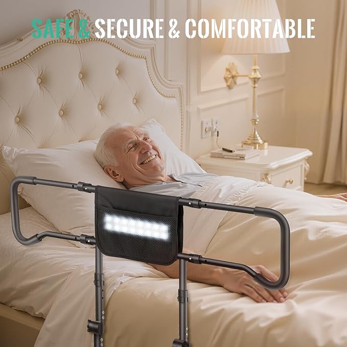 Bed Rails for Elderly Adults Safety with Motion Sensor Light - Adjustable Height Bed Assist Rail w/Storage Pocket, Support Handles Guard Rail for Seniors, King Queen Full Twin Bed
