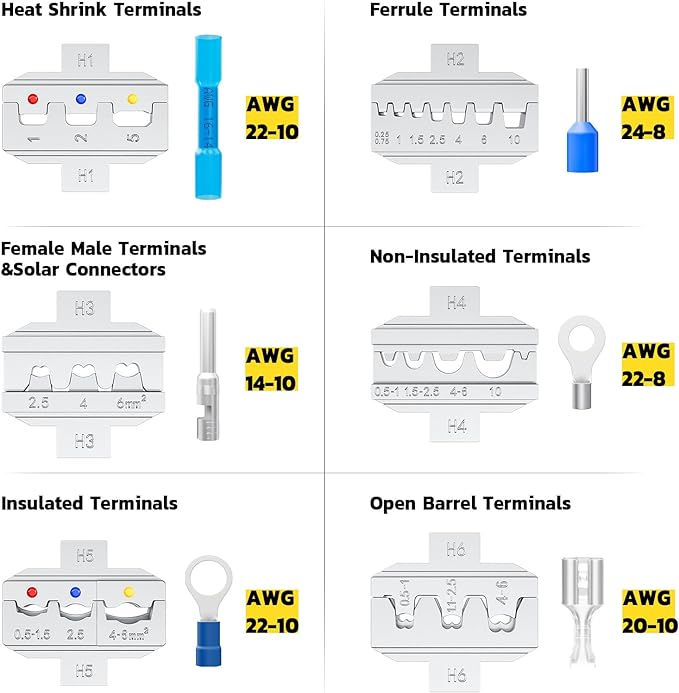haisstronica 6 in 1 Crimping Tool Kit and Wire Stripper, Ratcheting Wire Crimper with 6 PCS Interchangeable Dies for Heat Shrink,Non-Insulated,Ferrule,Open Barrel,Insulated Connectors, men tool gifts