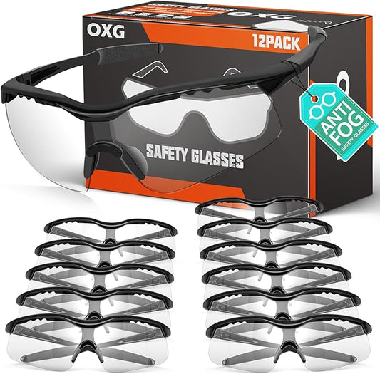 OXG 12 Pack Anti Fog Safety Glasses for Men, ANSI Z87.1 Safety Goggles Impact Scratch Resistant Eye Protection for Work