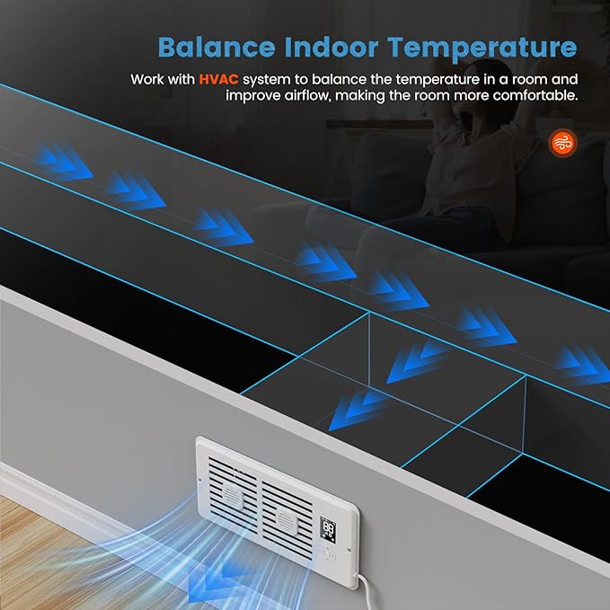 Ideashop Quiet Register Booster Fan Fits 4" x 10" Register Holes, Improves Heating & Cooling AC Vent Booster Fan, Smart Vent 10-Speed Adjustable with Thermostat & Remote Control, for Wall and Floor