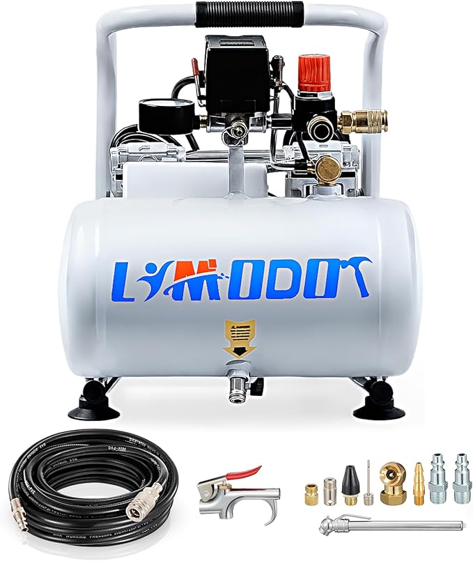 Ultra Quiet Air Compressor, Only 60dB, 1 Gallon Steel Tank, Oil-Free, Electric Air Compressor Perfect for Woodwork Nailing, Garage, Car, Pneumatic Tool, Includes 25 Ft. Air Hose Kit