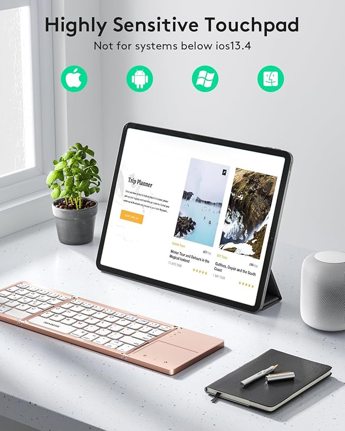 Samsers Multi-Device Foldable Bluetooth Keyboard with Touchpad, Rechargeable Dual-Mode(2.4G+BTx2) Wireless Keyboard with Holder, Portable Folding Keyboards for Android Windows iOS Mac OS - Pink