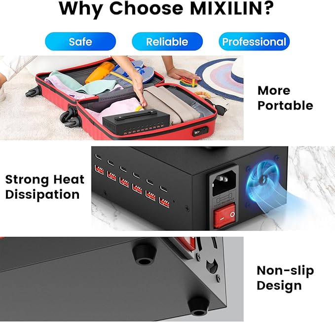 Portable USB~C Charger Block, 200W(20A) 20 Port (10 A & 10 C Port) Home Fast Charging Station for Multiple Devices, Desktop USB Wall Charger Compatible with iPhone, iPad, Kindle, Tablets, Watch