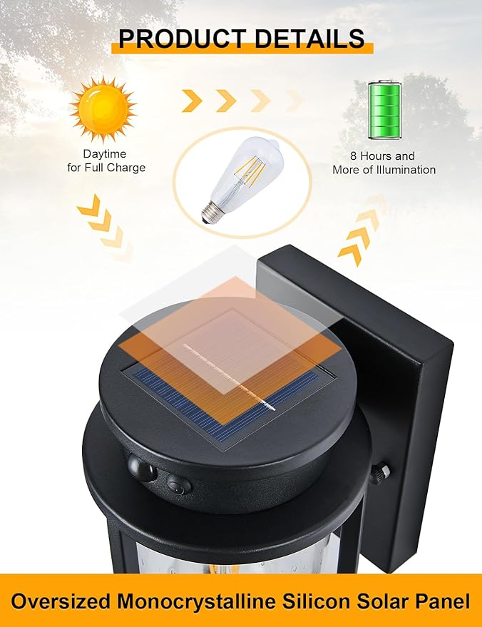 Solar Outdoor Wall Light Motion Sensor Outside Wall Lamp Dusk to Dawn Exterior Light Fixtures Wall Mount Outside Coach Light with Seeded Glass Porch Light IP65 for House Patio