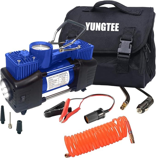 YUNGTEE Blue Tire Inflator Heavy Duty Double Cylinders Direct Drive Inflation Pump,12V Portable Air Compressor Pump with Emergency LED Light - 150PSI Tire Pump,Apply to Car,Suv,RV
