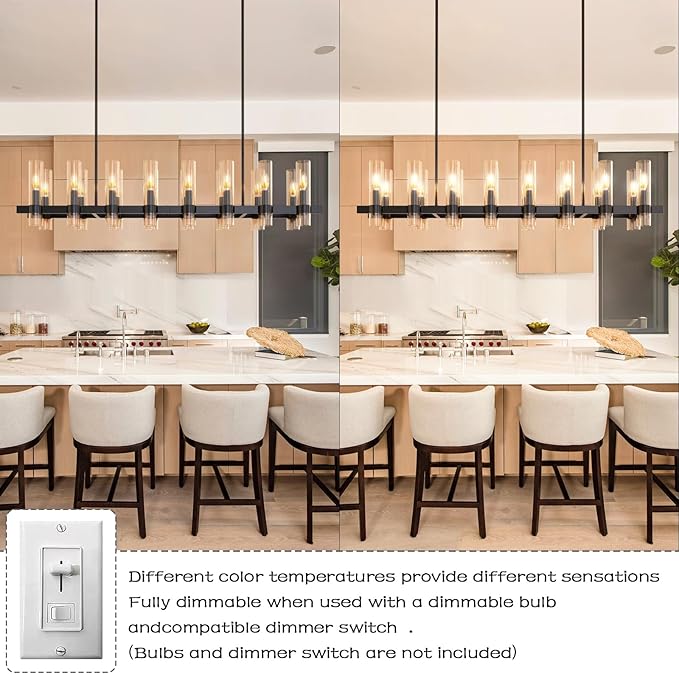 Modern Black Island Rectangle Chandelier with Amber Glass,63" Adjustable Height Modern Linear Light Fixture 16 Light Dining Room Chandelier Over Table for Dining Room Kithen Island