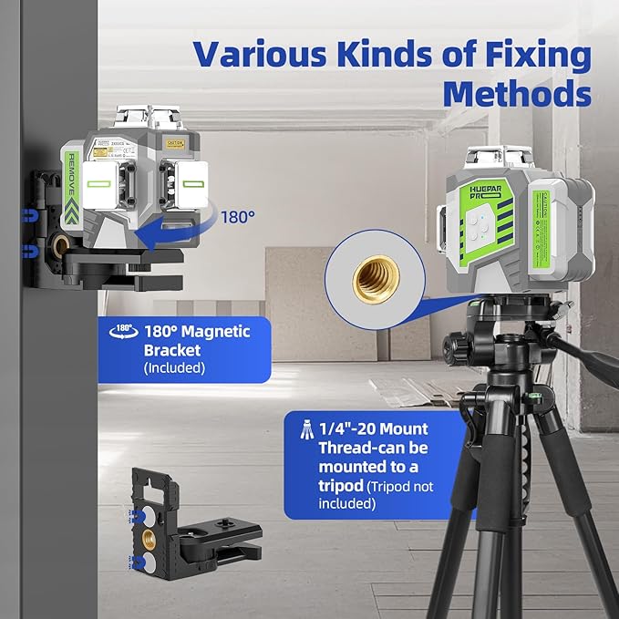 Laser Level 360 Self Leveling, Huepar Pro 3x360°High Accuracy Green Cross Line Laser for Construction and Picture Hanging, 12 Lines Level Laser Tool with 8000mAh Rechargeable Battery & Remote Control