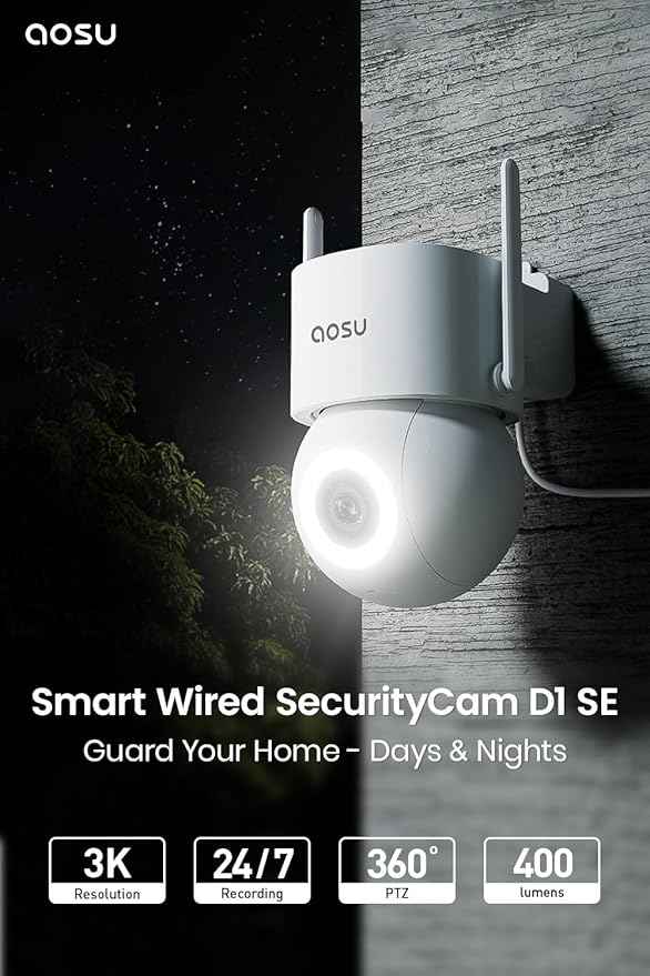 AOSU 3K Wired Security Camera Outdoor - Smart 24/7 Recording WiFi Camera for Home Security w/Sound Light Alerts, 360° View, Auto-Tracking, Camara de Seguridad para Casa (2.4Ghz WiFi Only)