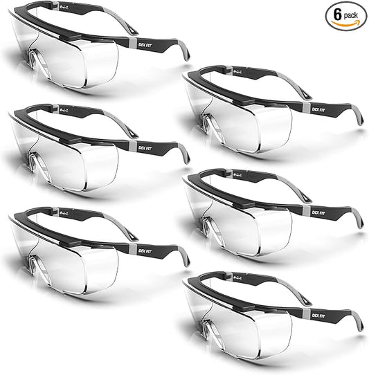 DEX FIT Safety Work Over Glasses SG210 OTG; 6 Pairs, Z87 for Men & Women, Fog & Scratch Resistant, Adjustable, UV Block (Black & Grey Frame, Clear Lens)