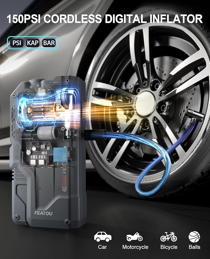 Jump Starter with Air Compressor, 5 in 1 Functional Jump Box 4500A Peak Power Pack with 150PSI Digital Tire Inflator, Portable Car Charger Jumper for 8.5L Gas or 7.0L Diesel