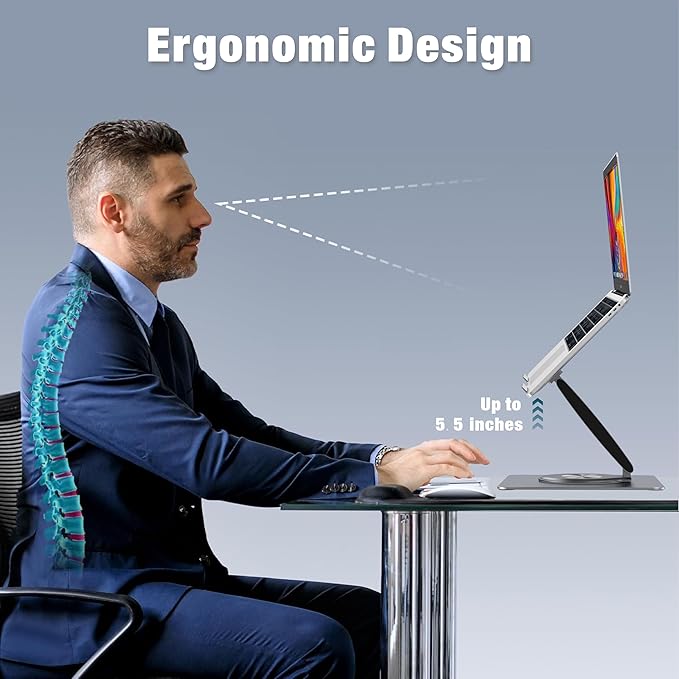 Adjustable Laptop Stand for Desk with 360° Swivel Base, Aluminum Laptop Holder, Foldable Ergonomic Laptop Cooling Riser, Supports up to 18 Pounds, for Macbook Air/Pro Dell/HP and All Laptops 7-15.6"
