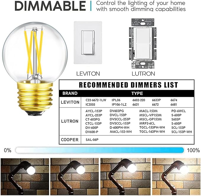 Leools Dimmable E26 LED Bulb 4W Equal E26 40 Watt Light Bulb,E26 Globe Edison Light Bulbs,Daylight 4000K G16.5 Light Bulb led for Pendant,Chandeliers,Vanity,Wall sconces, AC120V,400lm.6Pack