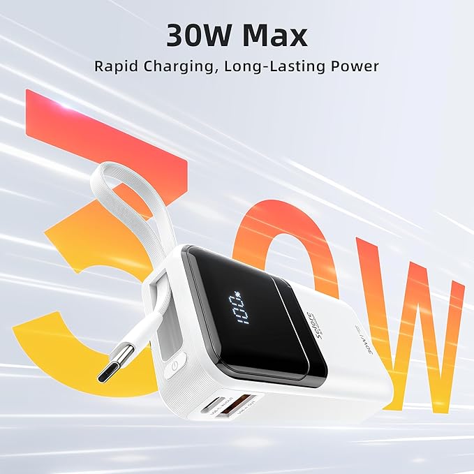 PD 30W Fast Charging Portable iPhone Charger 10 000mAh Mini Size Power Bank with Built in USB C & Lightning Cable, LED Display, Travel Battery Pack for iPhone 16/15/14/13 Series Samsung etc