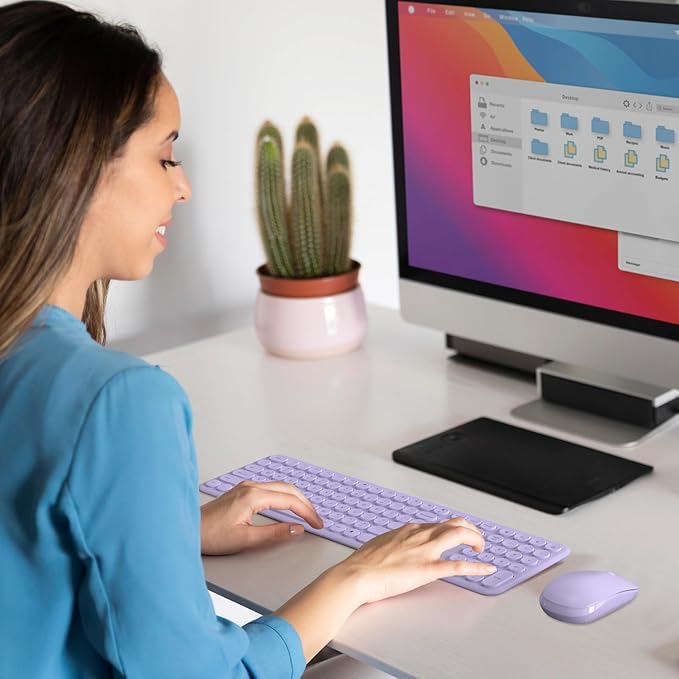 Cute Keyboard and Mouse Wireless for PC Computer/Laptop/Windows/Mac/Tablets, Ultra-Thin 2.4GHz USB Cordless Full-Sized Silent Retro Computer Keyboard Mouse Combo (Purple)