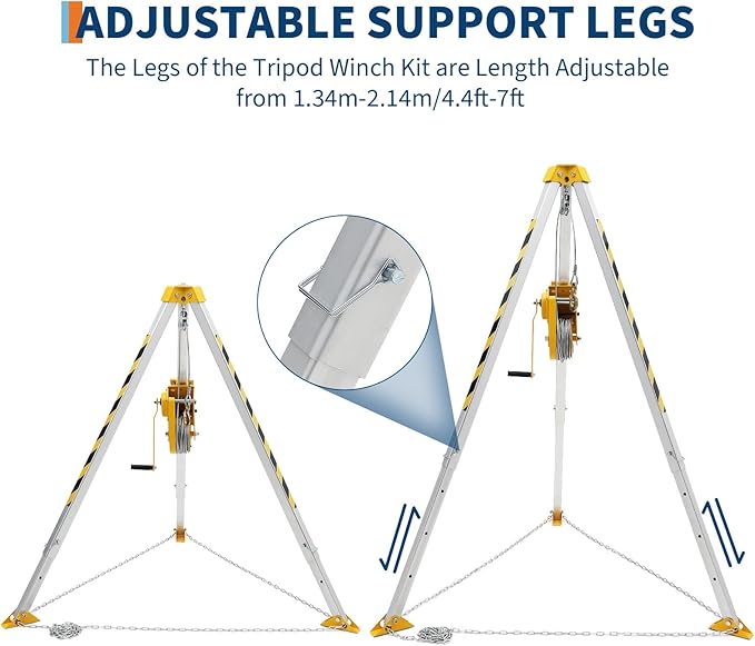 Confined Space Tripod Kit, 1200 lbs Winch, 7' Legs & 98' Cable, Steel Confined Space Rescue Tripod with 33' Fall Protection, Storage Bag for Traditional Confined Spaces Safety