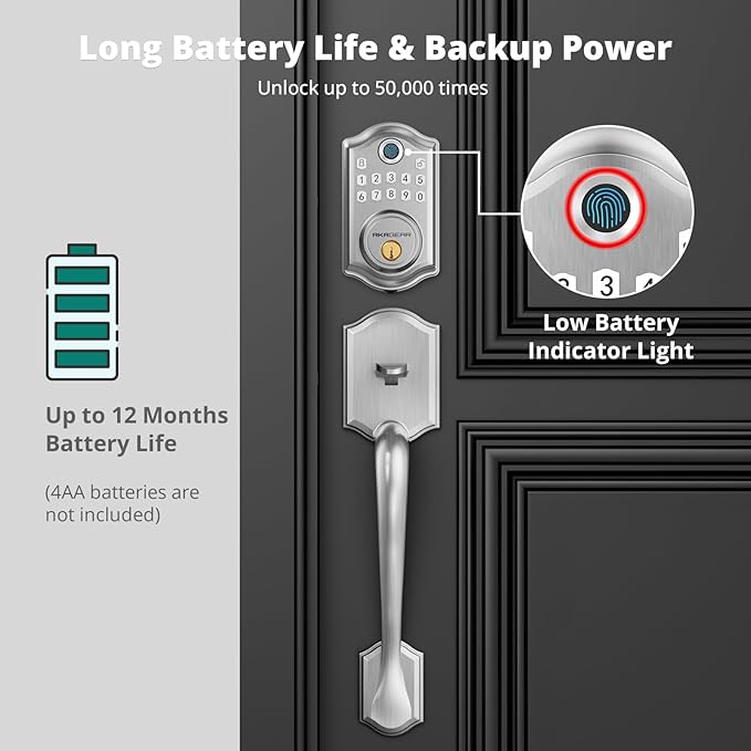 DS10 Keyless Entry Door Locks - Keypad Lock with Handle Set, Fingerprint Deadbolt, Smart Locks for Front Doors, Auto-Lock & One Touch Locking, 2 Keys, Easy Installation