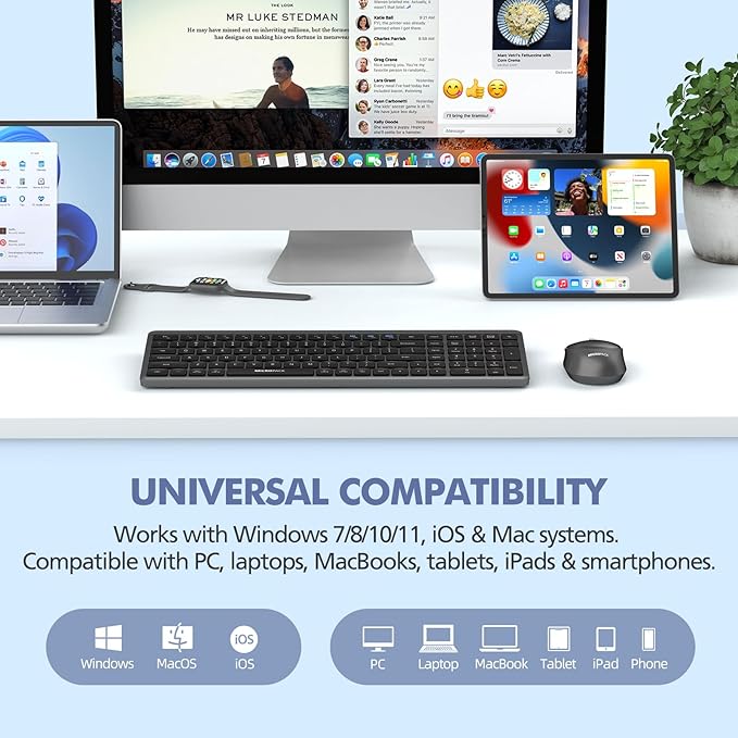 Wireless Keyboard and Mouse Combo for Desktop Mac iPad Bluetooth 2.4 Ghz Rechargeable Silent Click with Number Pad Black Compatible with Pc, Laptop, Tablet (Black)