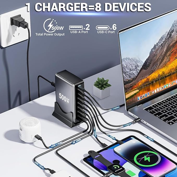 500W USB C Fast Charger Block, 8 Port Charging Station, GaN Ⅲ Multi Port Charging Station Hub for Multiple Devices, Multiport USB Charger Station Compatible with MacBook iPhone iPad Dell