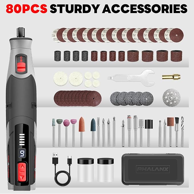 Cordless 4V Rotary Tool Kit, PHALANX Rotary Tools 80 PCS Accessories 4000mAh Li-Ion Battery, Type-C Charging 9 Speed Engraving Tool for Wood Cutting Sanding Crafts Carving Resin Polishing