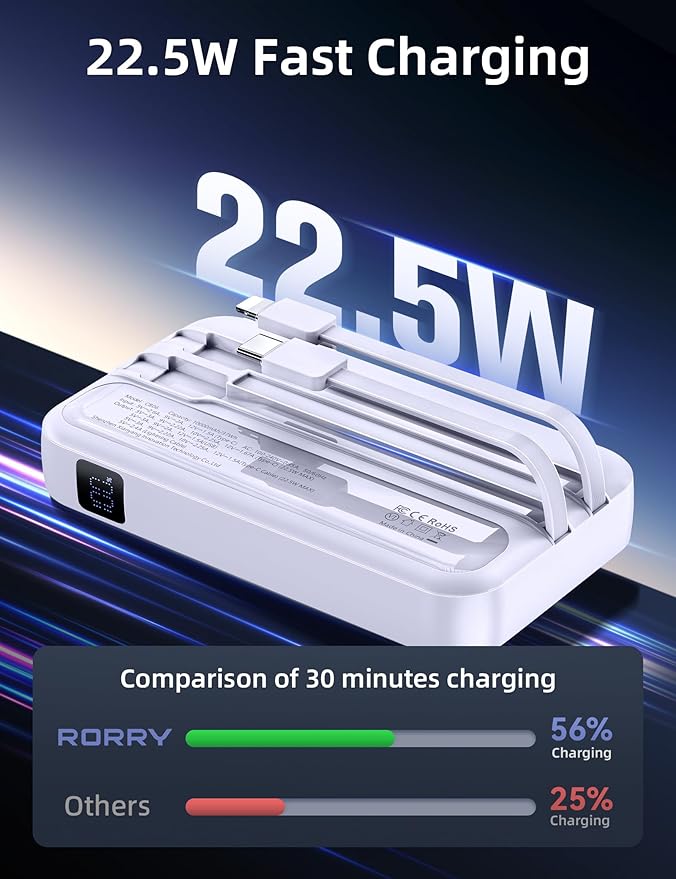 RORRY Portable Charger Built in Cables, AC Wall Plug in Portable Charger Power Bank 10000mAh Travel Battery Pack 22.5W Fast Charging for iPhone 16/15/14 Samsung Galaxy S24/S23 Pixel LG iPad, Purple